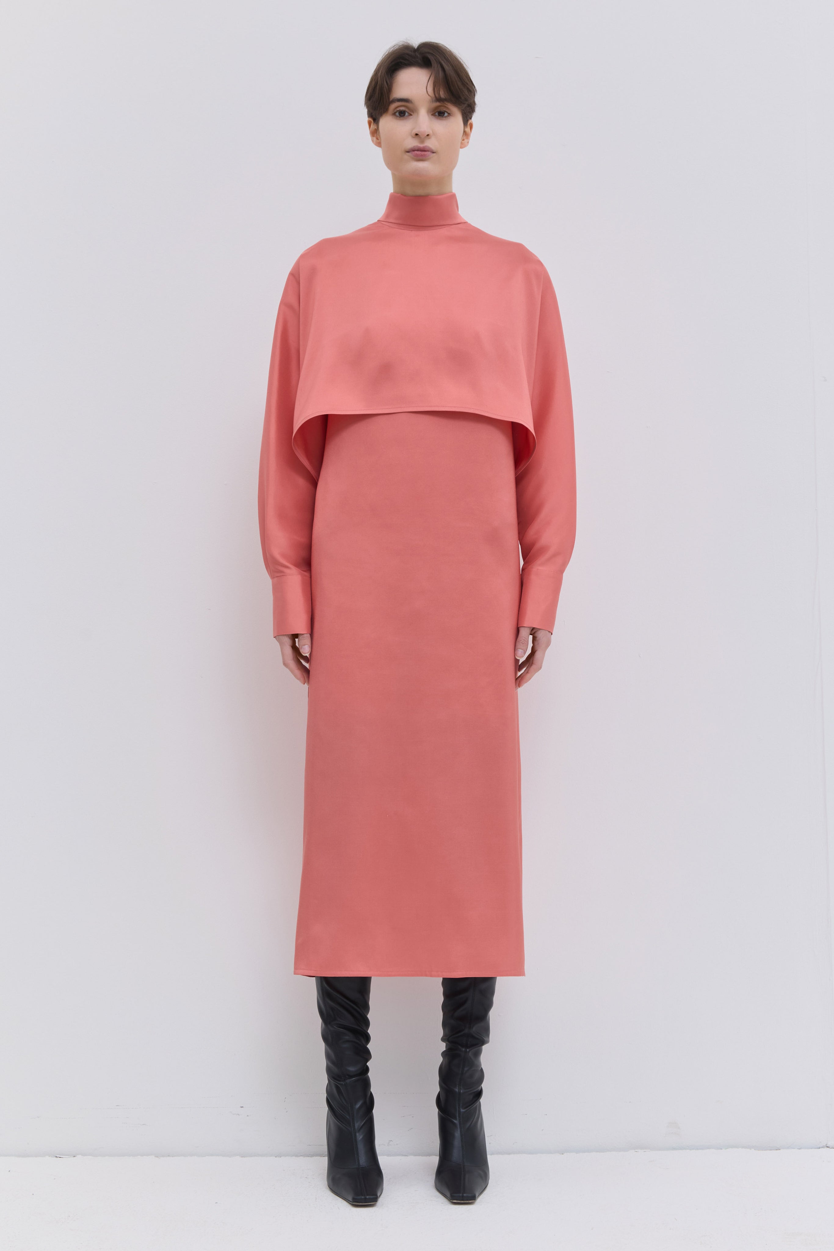 Coral tussah silk batwing sleeve dress with soft scarf collar and layered front panel