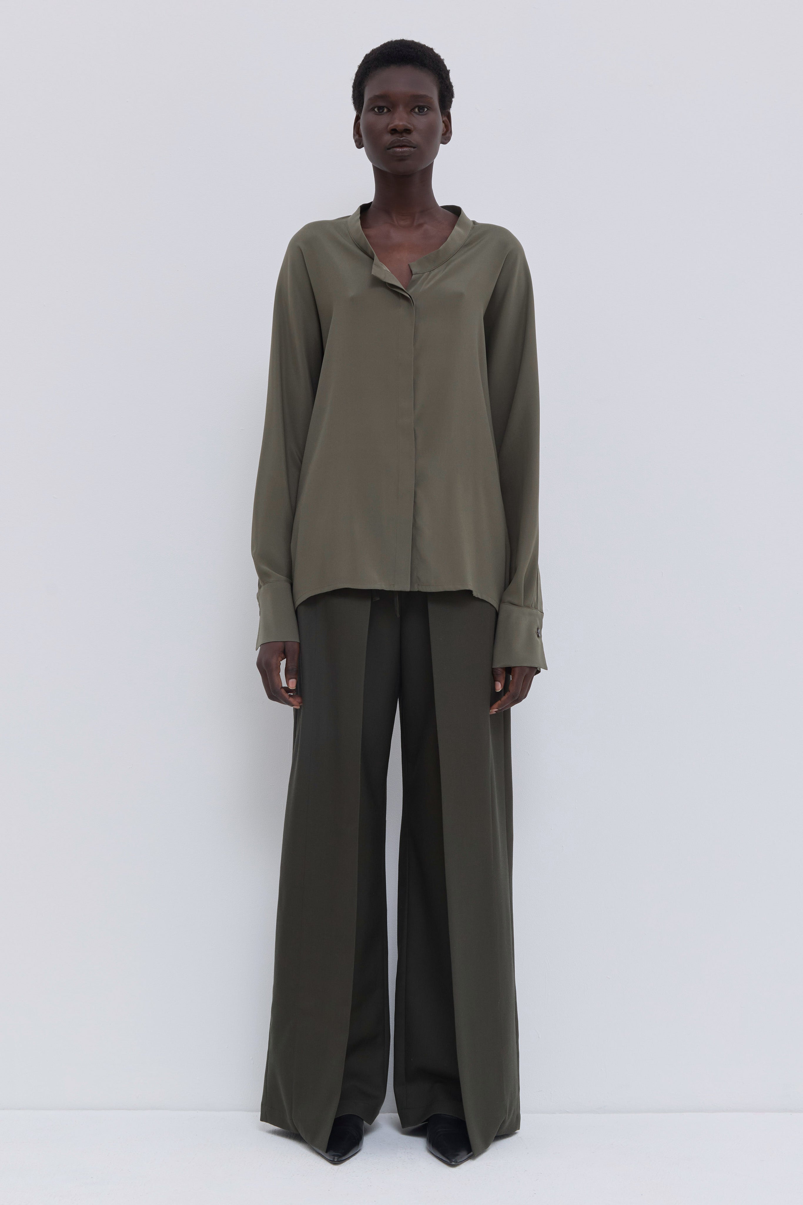 Tareth batwing sleeve blouse in artichoke matte stretch satin