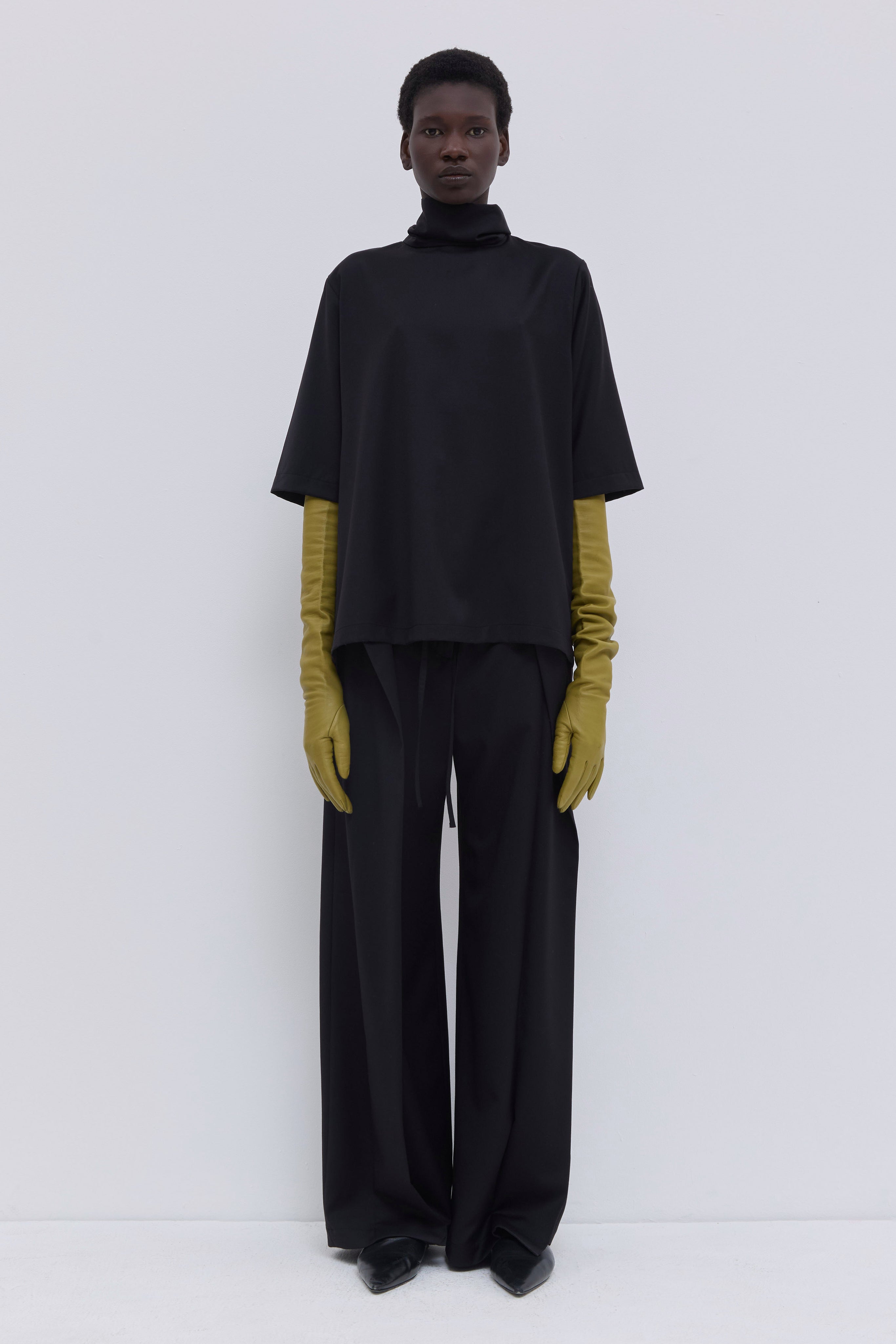 Black Italian wool top with scarf collar and wide sleeves