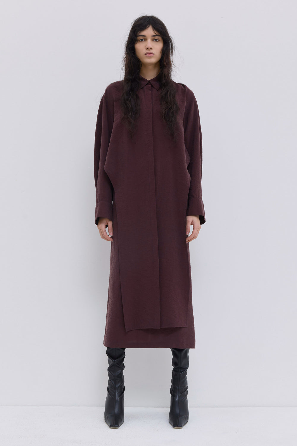 Delphi draped shirt dress in wine matte stretch satin