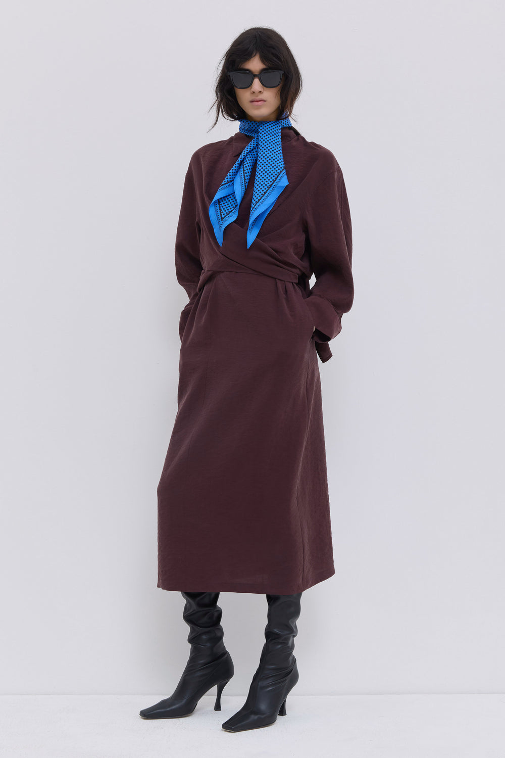 Long sleeve designer shirt dress with concealed button placket