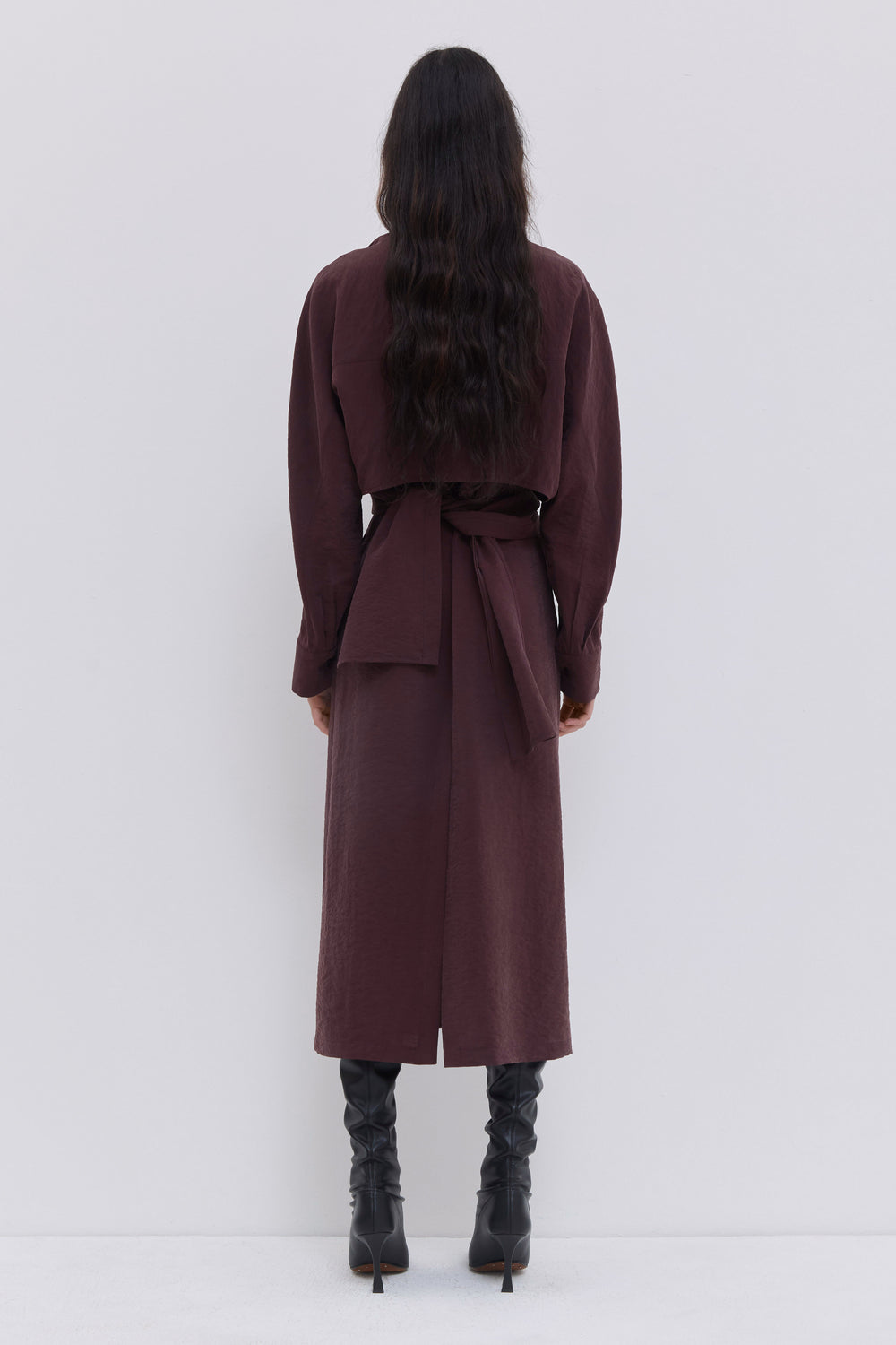 Front view of Delphi wine draped midi dress