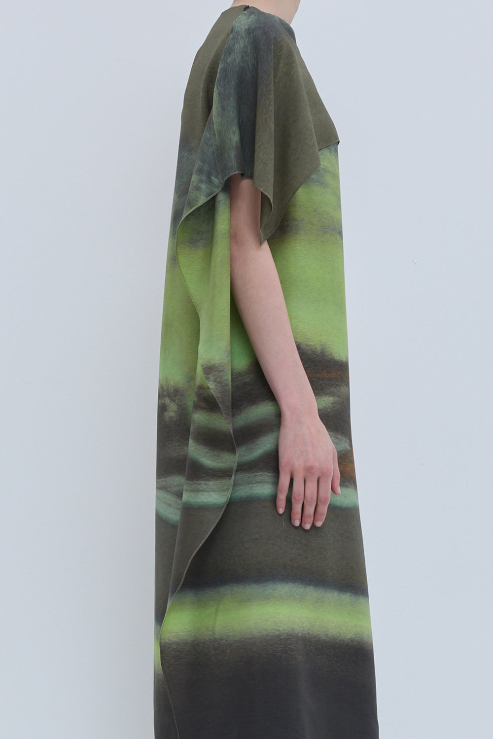 Christian Wijnants Durango long dress with abstract Aurora Olive print and asymmetric draped flap