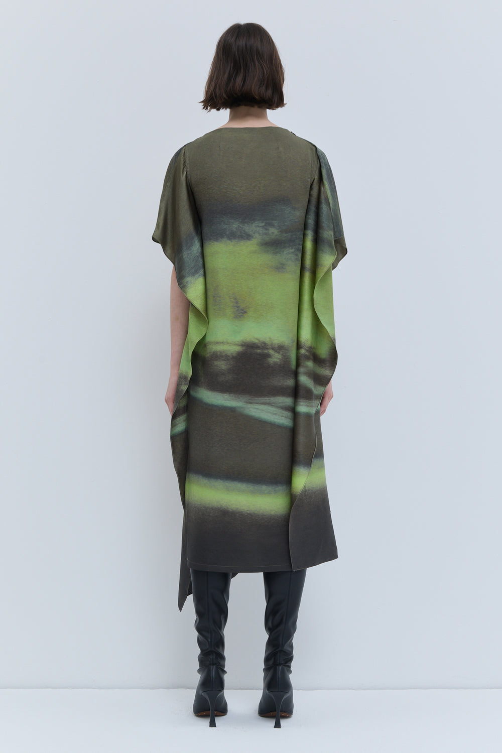 Back view of Christian Wijnants Durango Aurora Olive printed sleeveless panel dress