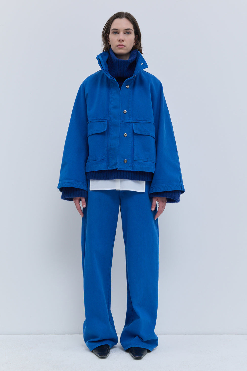Jabala denim jacket in Klein blue with standing collar