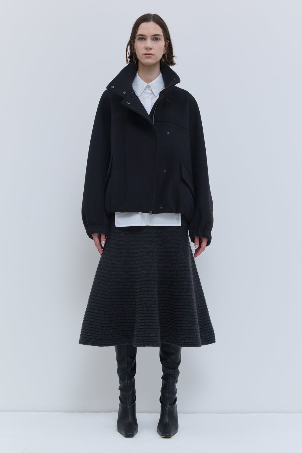 Christian Wijnants Japuto black bomber jacket in alpaca and virgin wool blend with oversized sleeves