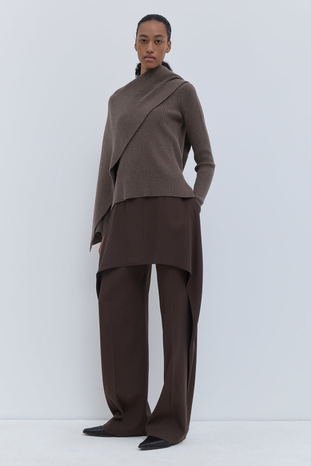 Brown melange knit sweater with draped detachable scarf