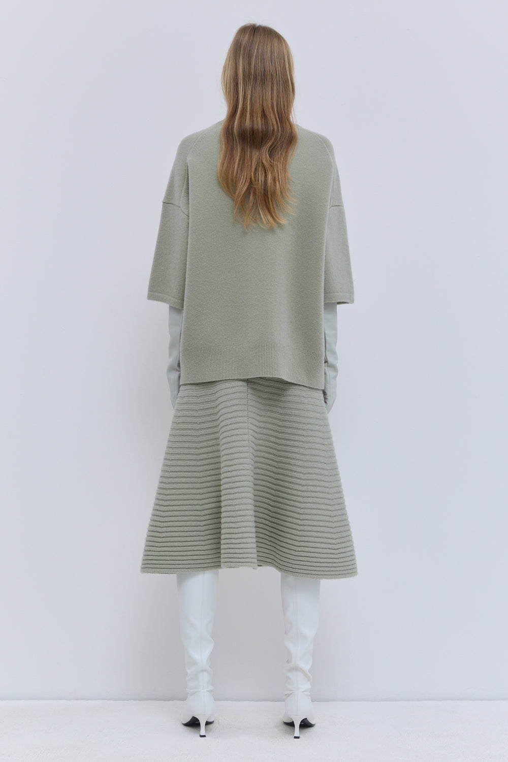 Light sage short-sleeve turtleneck knit top back view