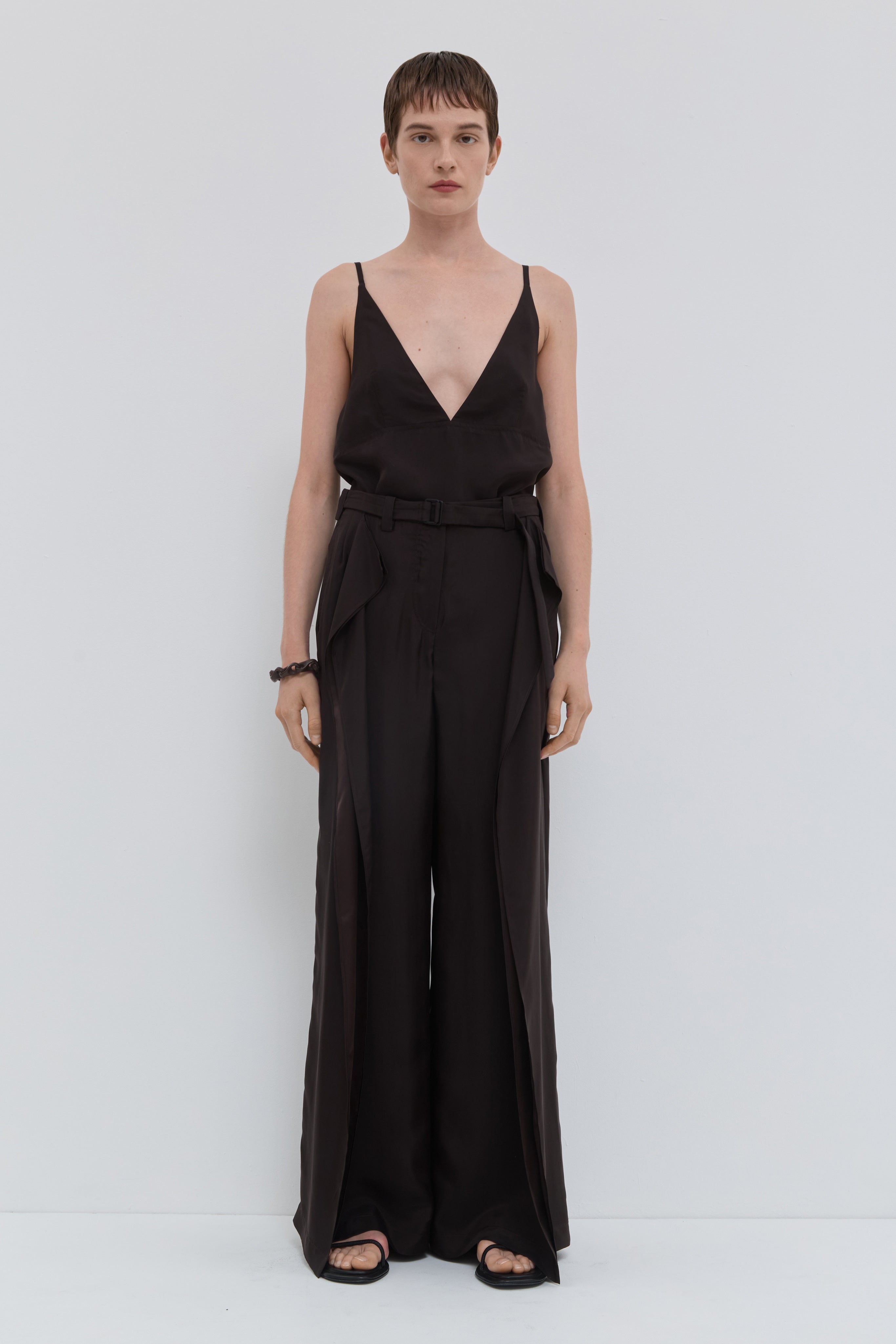 Chocolate wide leg trousers with draped front panels and belt