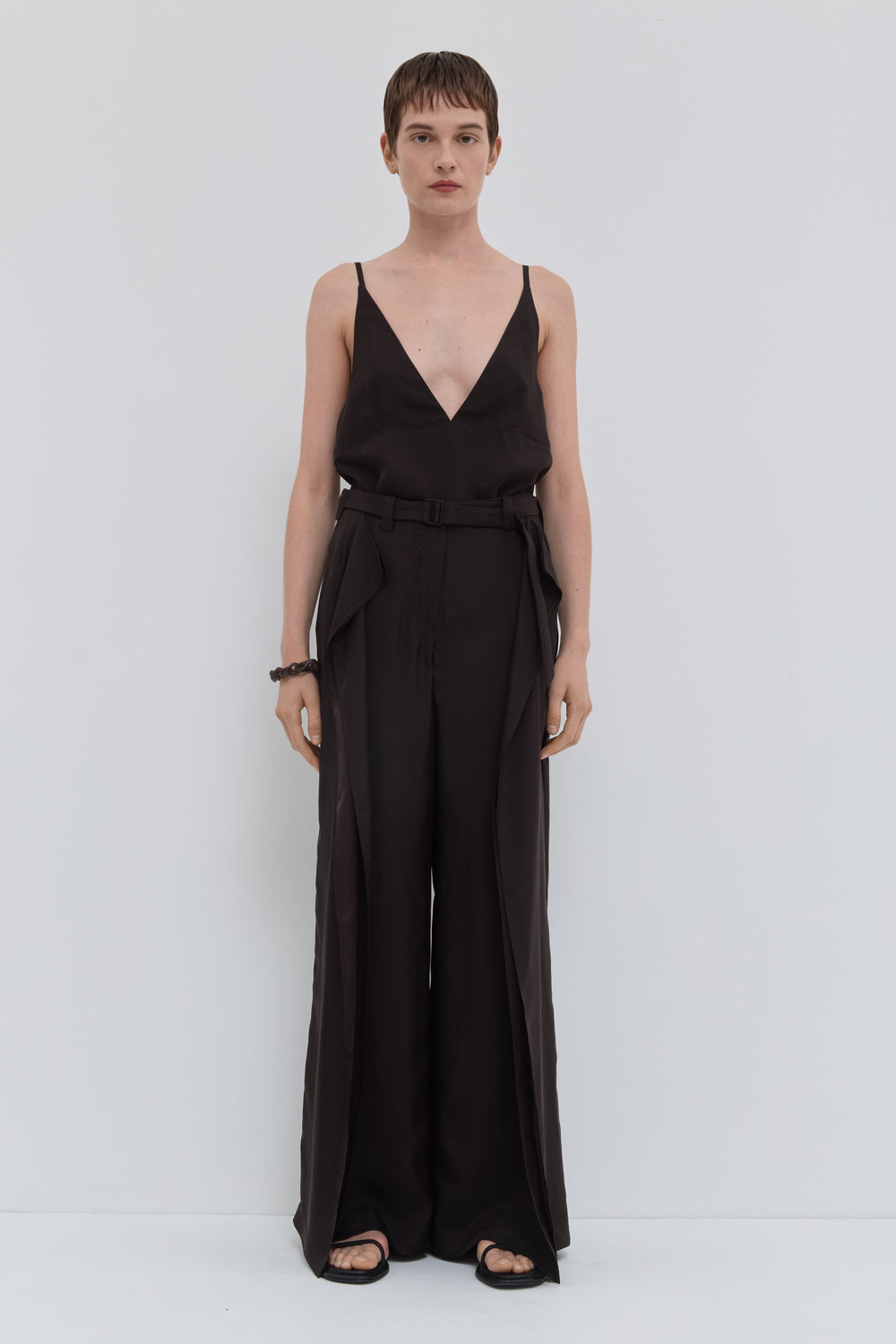 Chocolate wide leg trousers with draped front panels and belt