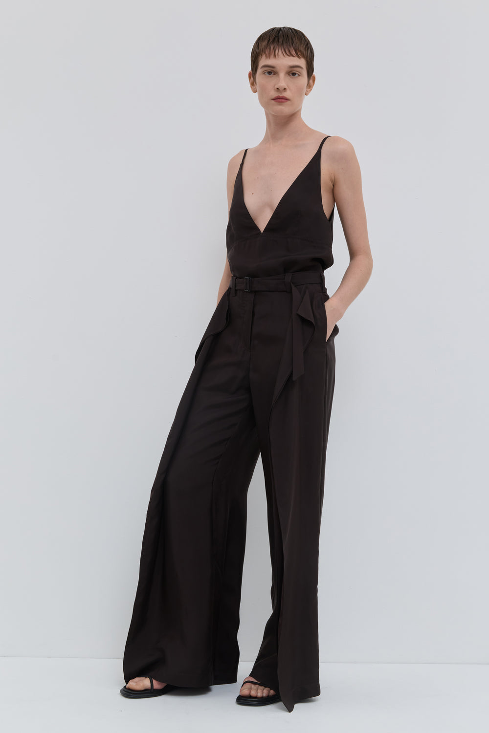 Chocolate wide leg trousers with draped front panels and belt