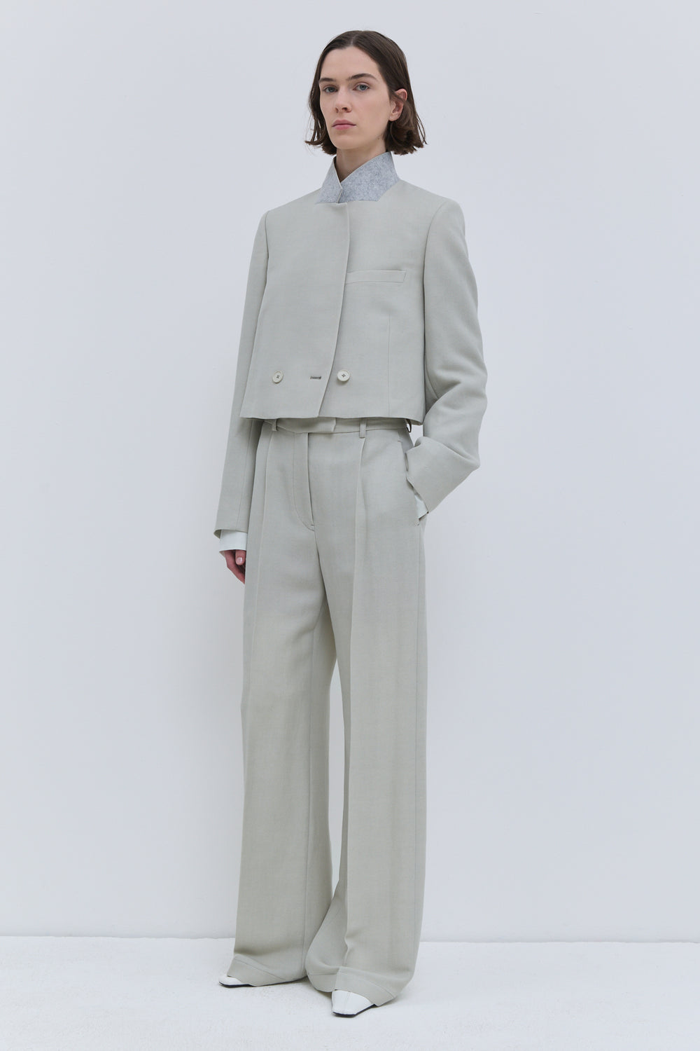 Pibar cement trousers styled with Javas jacket for a full look