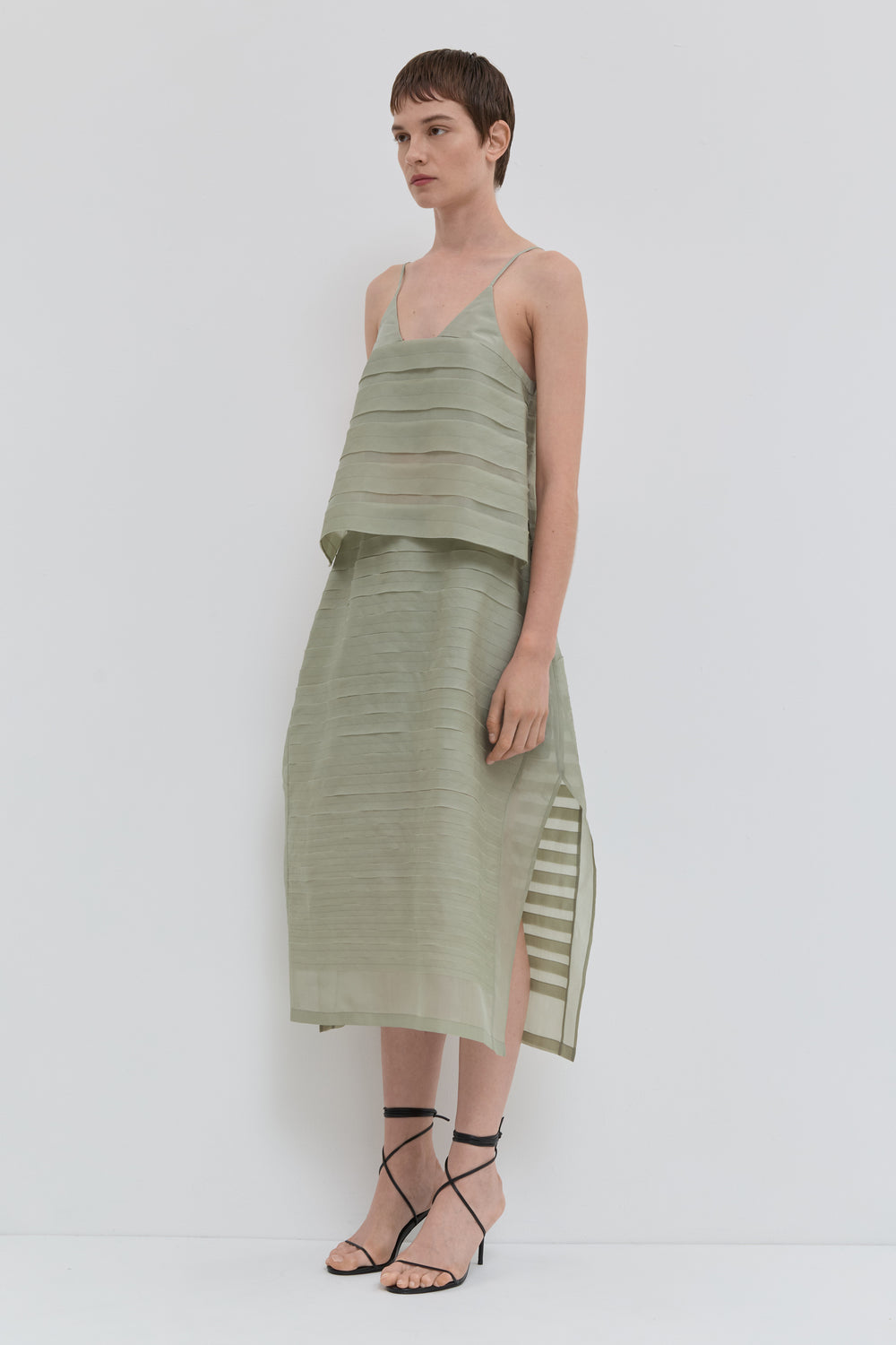 Sage silk organza A-line skirt with handmade bias stroke texture and sheer finish side view