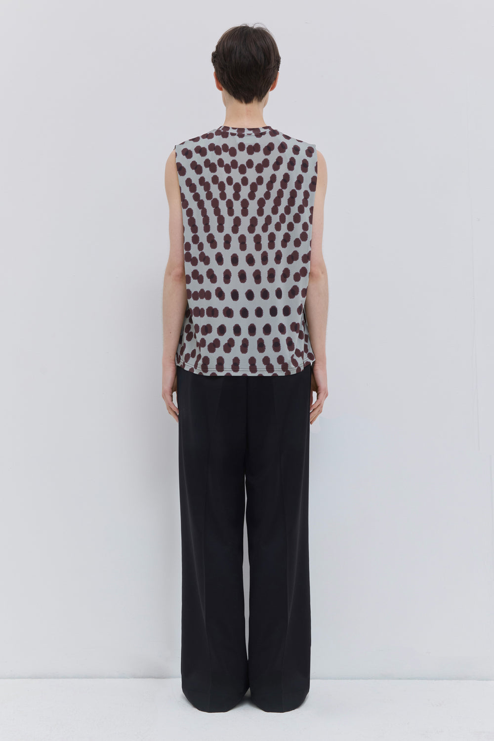 Luxury sleeveless designer top in Plum Polika print