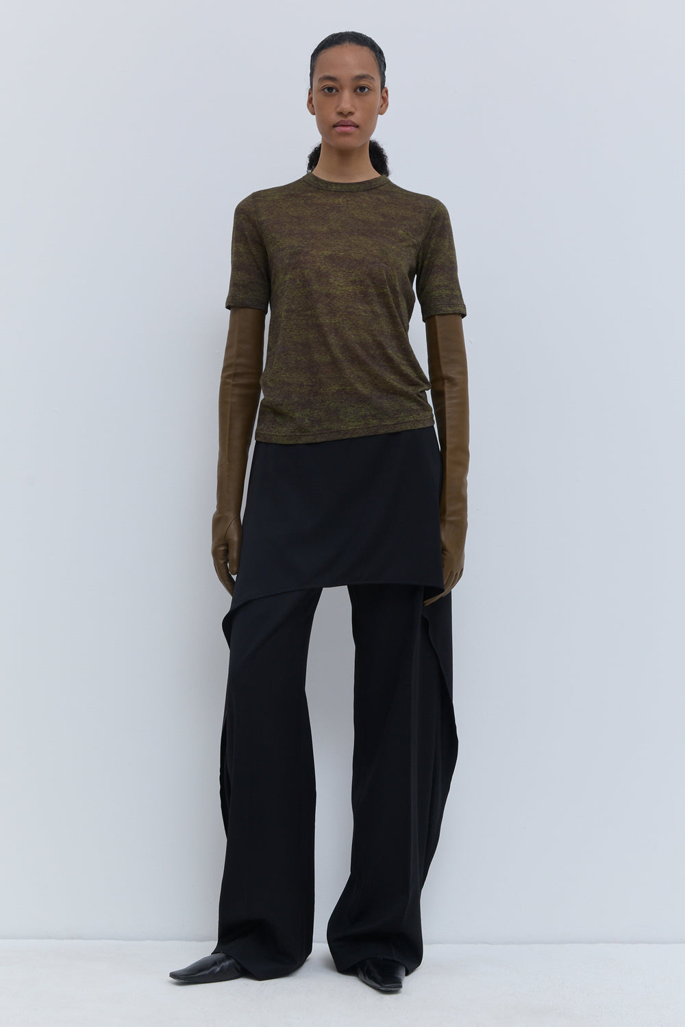 Tampi short-sleeve wool jersey top in Night Forest Storm, front view.
