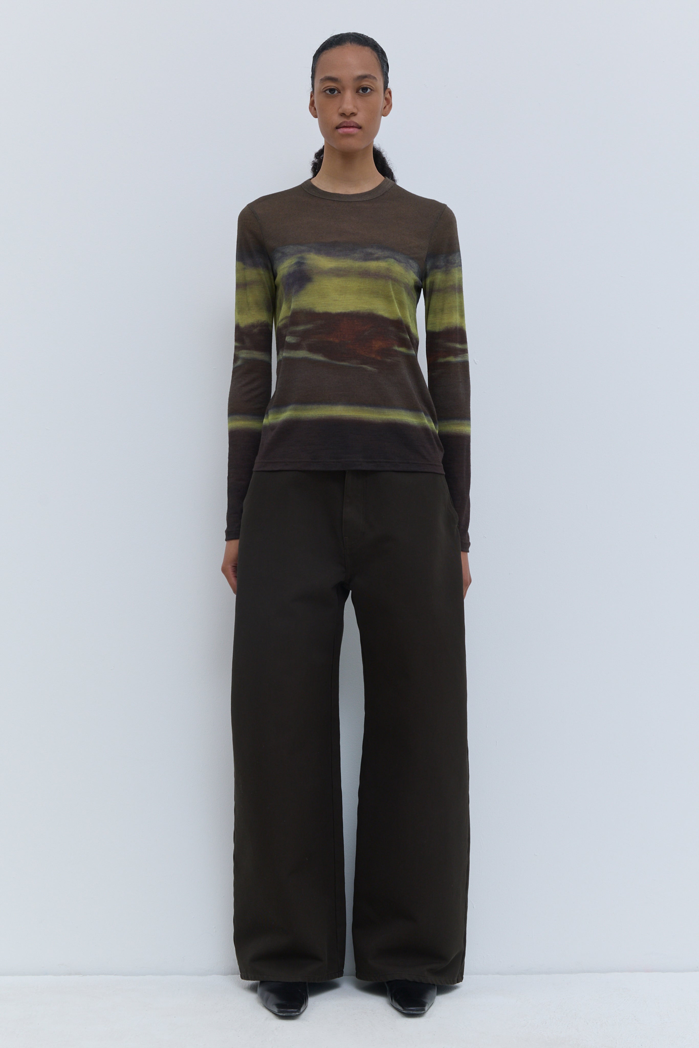 Front view of Tampione long-sleeve wool jersey top in Aurora Earth print.