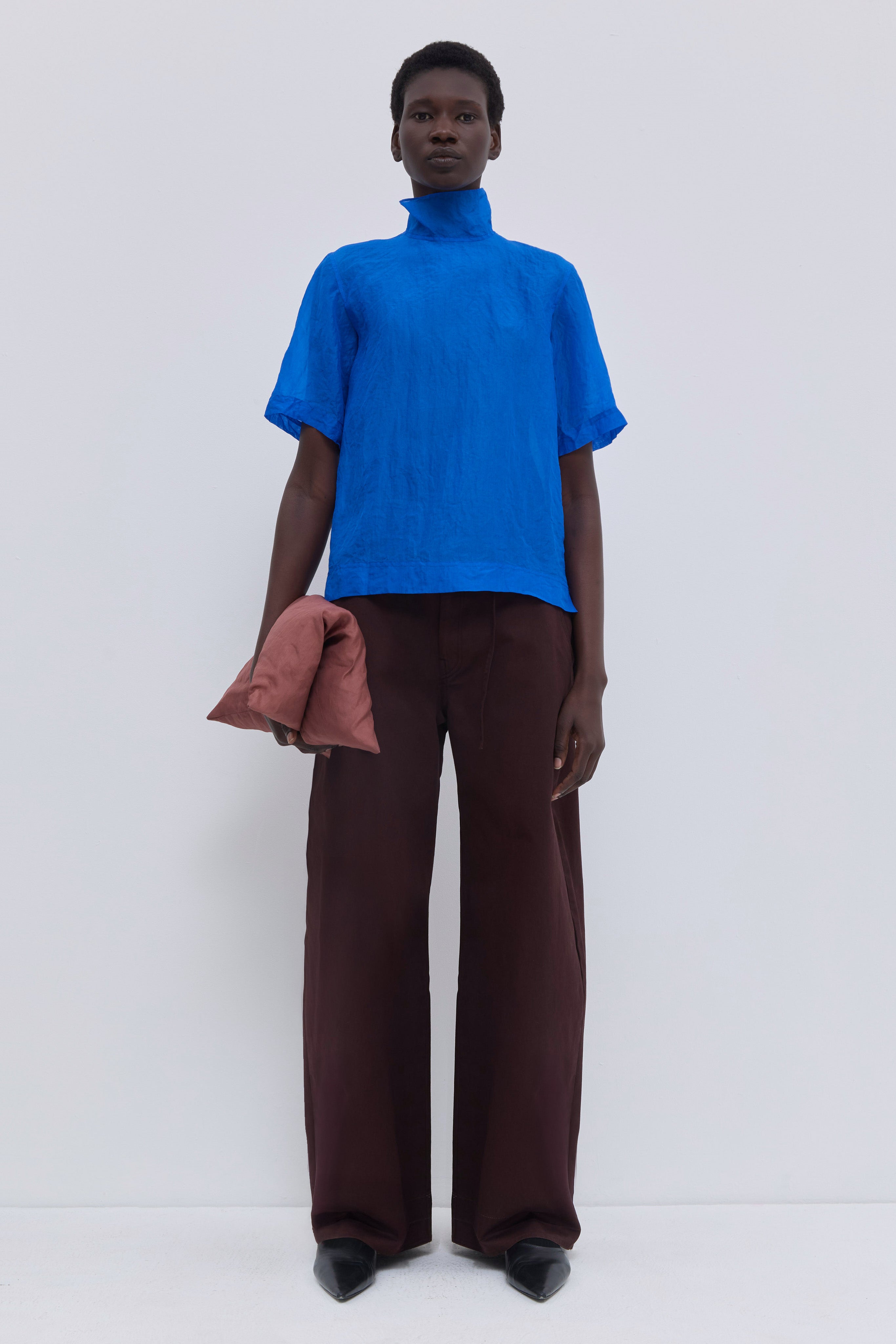 Christian Wijnants Tapulo cobalt silk organza top with high neck, hand-crushed texture and short sleeves.