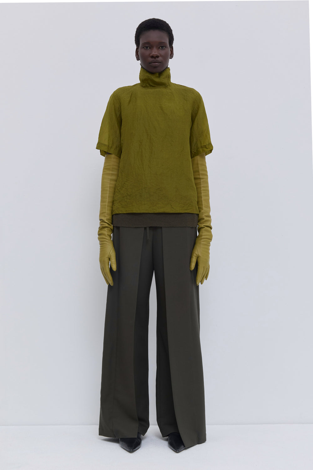 Christian Wijnants Tapulo olive silk organza top with high neck, hand-crushed texture and short sleeves.