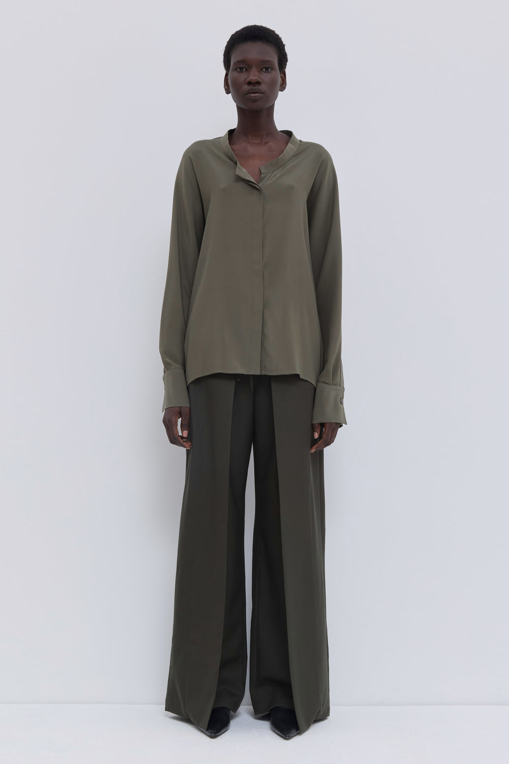 Tareth batwing sleeve blouse in artichoke matte stretch satin