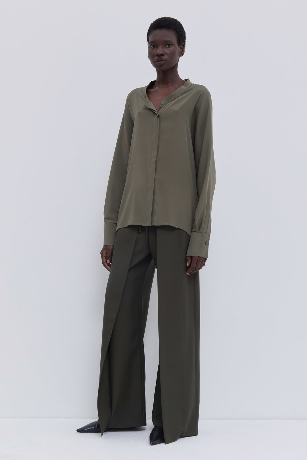 Matte satin button-down blouse with batwing sleeves