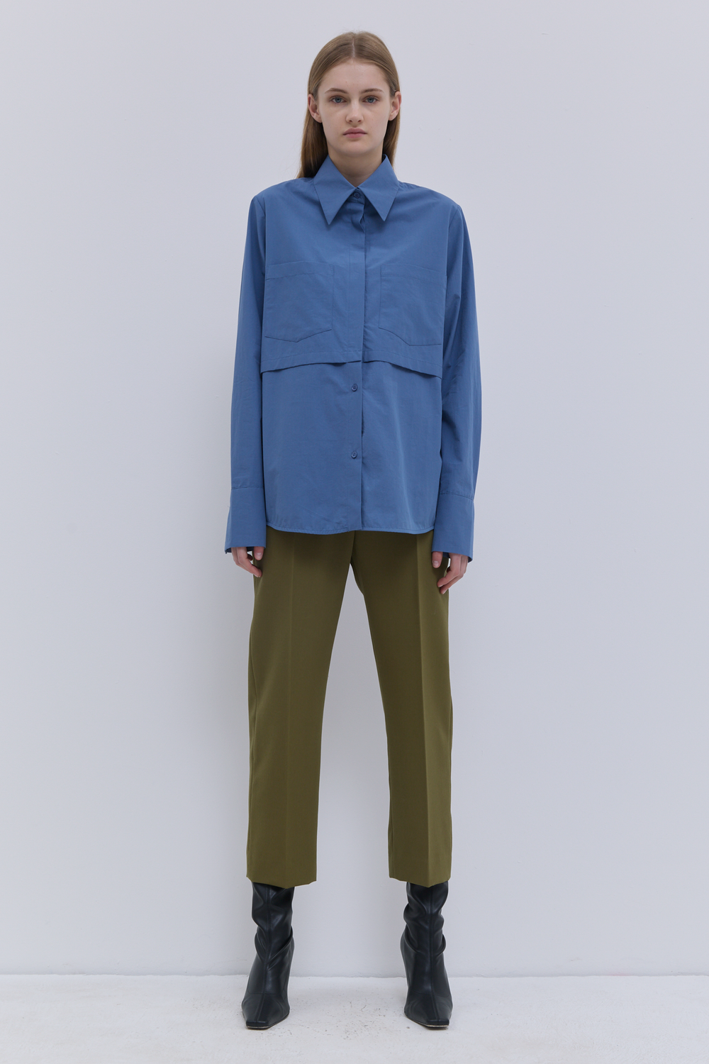 Dust Blue double-layered cotton shirt with a relaxed silhouette and pointed collar.