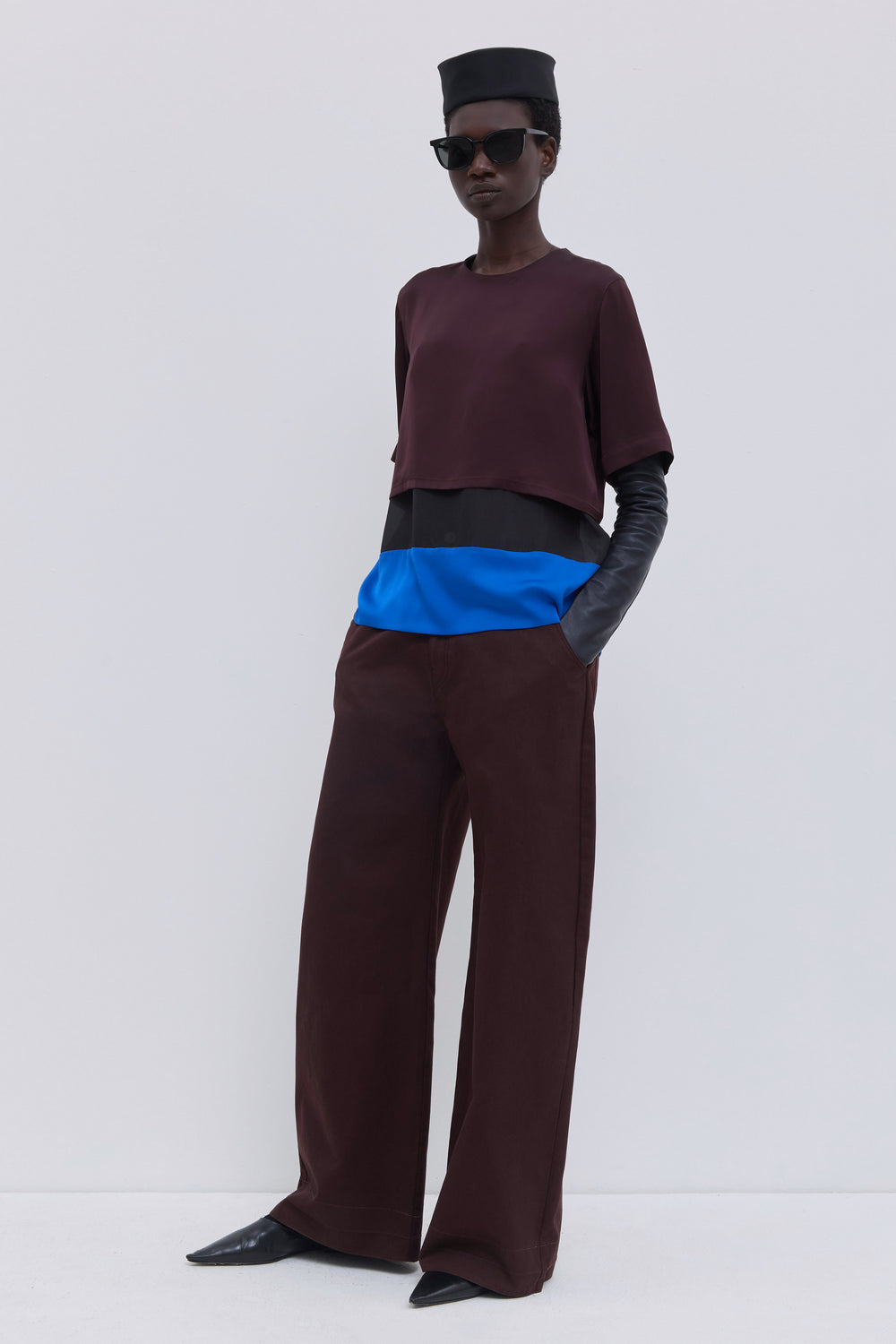 Plum and cobalt silk colourblock top with fluid drape and short sleeves by Christian Wijnants.